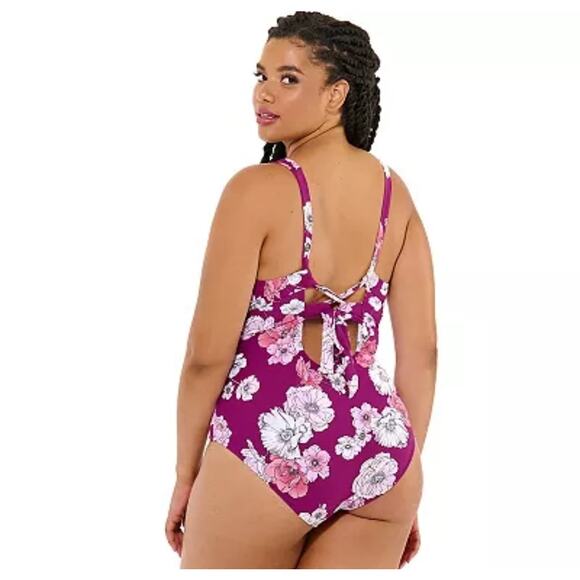 Freshwater Floral Print Surplice Lace-Up Back One Piece Swimsuit, Size 3X, NWT - Picture 2 of 11